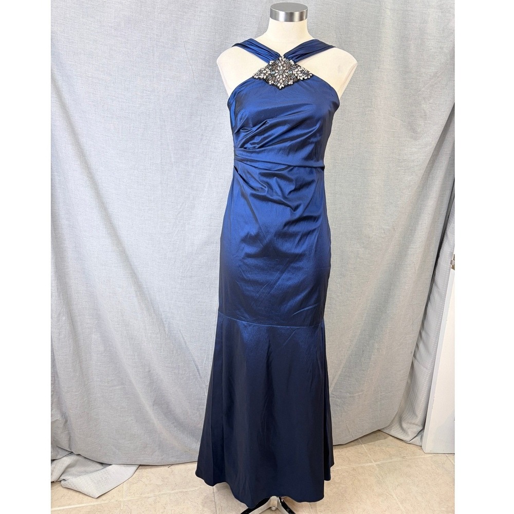 David Meister Sapphire Blue Jewel Embellished Halter Mermaid Gown 4 - Picture 1 of 11